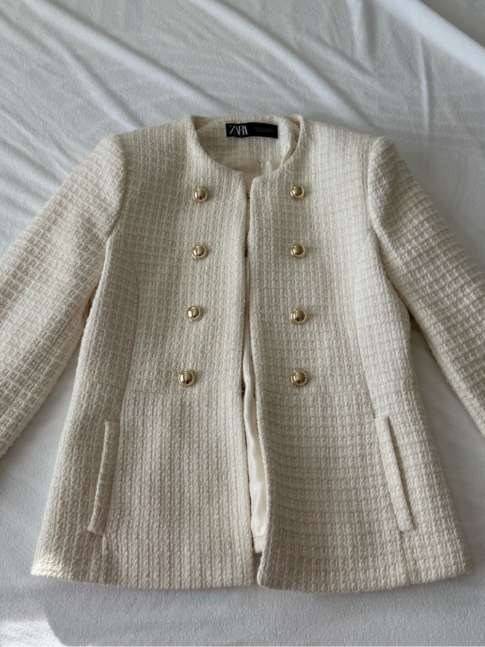 Zara Cream Textured Double-Row Button Blazer